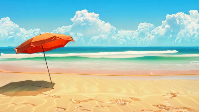  beach scene with umbrella and ocean waves. Summer vacation and travel concept. 