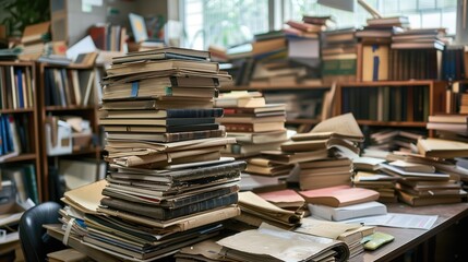 Stack of books on a table in a library. Education concept. - obrazy, fototapety, plakaty