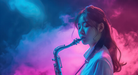 Korean K-pop performing music on live stage in retro pink and blue light with copy space on smoke, asian girl playing romantic saxophone
