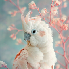 A cockatoo's curious gaze, set against the simplicity of a pastel floor, illuminated by gentle, clear studio light