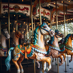 Fototapeta na wymiar A vintage carousel with brightly painted horses. 