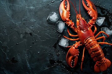 A beautiful red lobster lying on ice and on a black or dark background with space for inscriptions or logo - obrazy, fototapety, plakaty