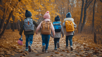 A group of children with backpacks running in an autumn park on a sunny day, rear view, time for school