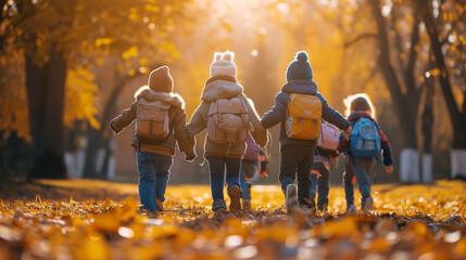 A group of children with backpacks running in an autumn park on a sunny day, rear view, time for school