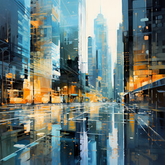 Abstract cityscape with reflections in glass buildings - obrazy, fototapety, plakaty