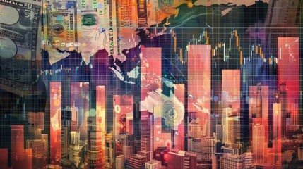 Financial tapestry abstract, banknotes from each country overlaid with stock market charts