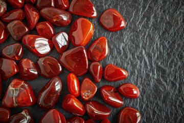 A collection of polished, red carnelian gemstones scattered on a dark, elegant surface