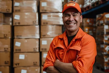 Fotobehang A confident delivery man in an orange uniform and cap smiles of stacked cardboard boxes in a warehouse © Anna