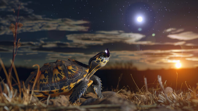 A turtle is standing in the grass at night, looking up at the moon. The scene is peaceful and serene, with the turtle being the only living creature in the image