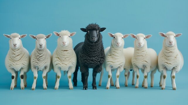 Concept - A line of white sheep surrounds one black sheep, on a solid blue background.