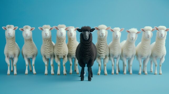 Concept - A line of white sheep surrounds one black sheep, on a solid blue background.