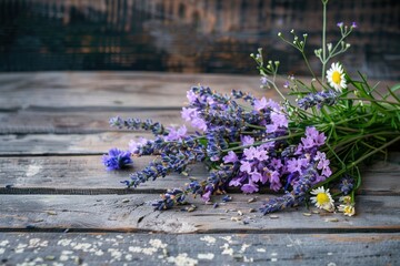 A rustic bouquet of lavender and wildflowers on an old wooden table