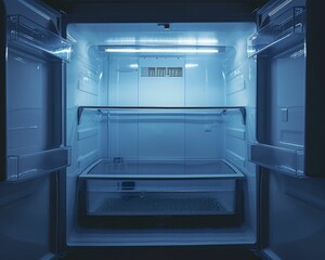 Empty refrigerator, symbol of poverty, hungers cold stare