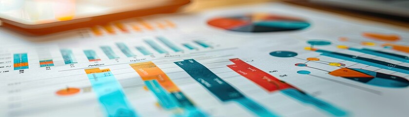 A detailed view of a business plan document with colorful charts and graphs highlighting analysis and strategy