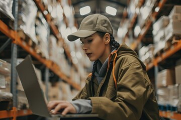 female warehouse worker in a cap and jacket uses a laptop among aisles of boxed inventory - obrazy, fototapety, plakaty