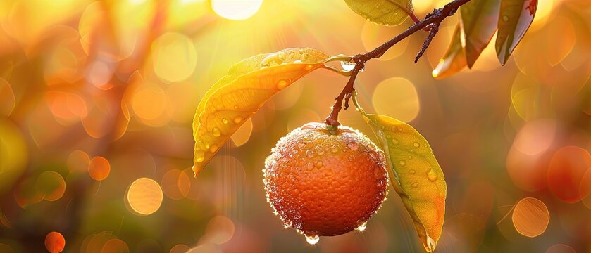 A dew-kissed orange hanging on a branch in the golden morning light