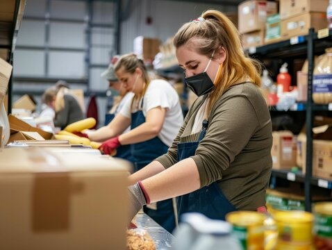 Food bank volunteers sorting donations, compassion in action