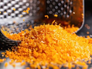 A macro shot of orange zest being grated highlighting the texture and vibrant color
