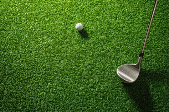 A green golf course with a club and a ball in the right part of the screen with space for text or inscriptions or logos
