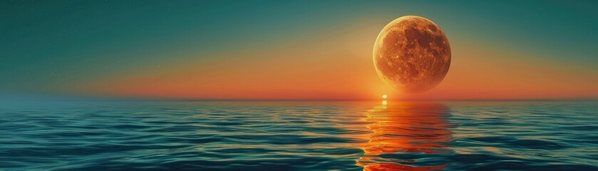 A surreal image of an orange moon rising over a tranquil sea