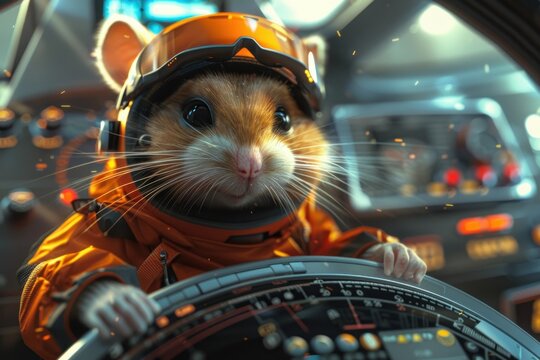 A hamster is driving a spaceship with a steering wheel