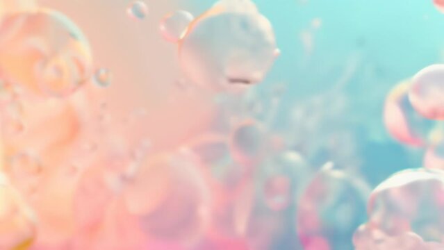 Transparent soap bubbles with vibrant pastel reflections floating over a smooth gradient backdrop of warm and cool hues.