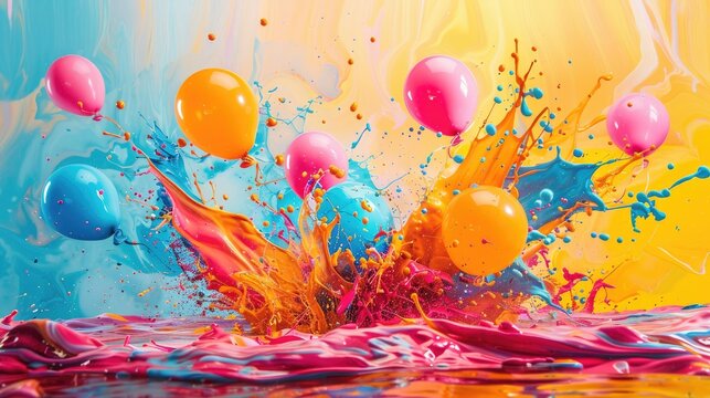 A vibrant scene of balloons filled with paint exploding against a canvas creating an abstract splash artwork
