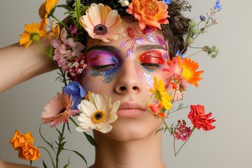 person with a creative makeup of vibrant flowers adorning half of their face against a neutral background