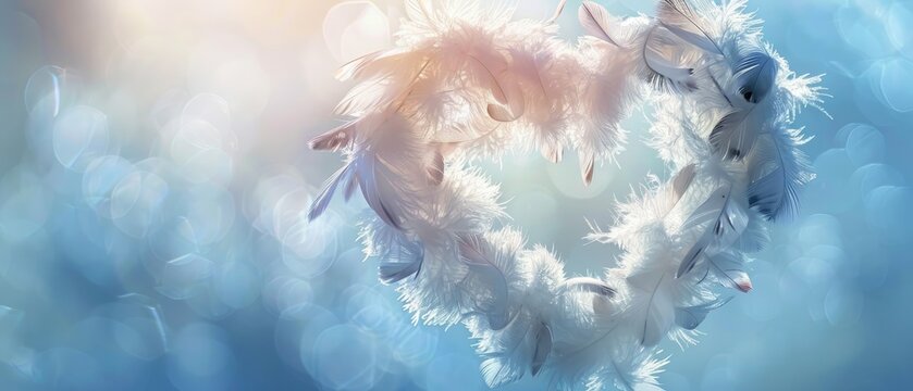 An ethereal scene of a heart-shaped wreath made of soft white feathers
