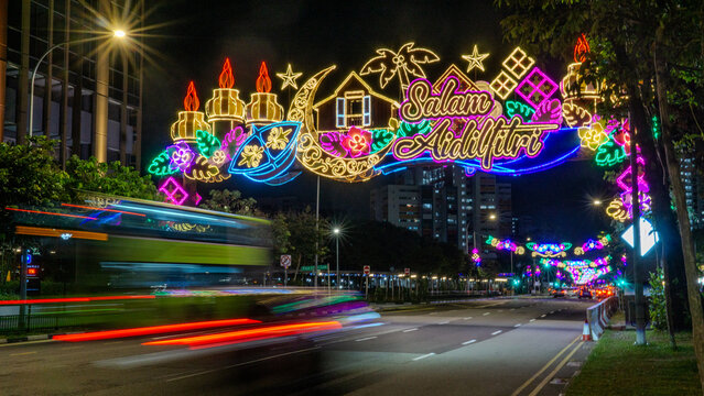 Geylang Serai Lights Up 2024: Celebrate Ramadan Holy Month of Muslims with Vibrant Street Decorations, Busy Roads Car Passing, and Festivities in Singapore, Eid Mubarak, Salam Aidilfitri Hari Raya 