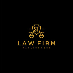 ST initial monogram for lawfirm logo with scales shield image