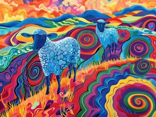 Psychedelic sheep with swirling vivid wool patterns in an abstract - obrazy, fototapety, plakaty