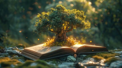 Tree growing from an open book in the forest. Conceptual image - obrazy, fototapety, plakaty