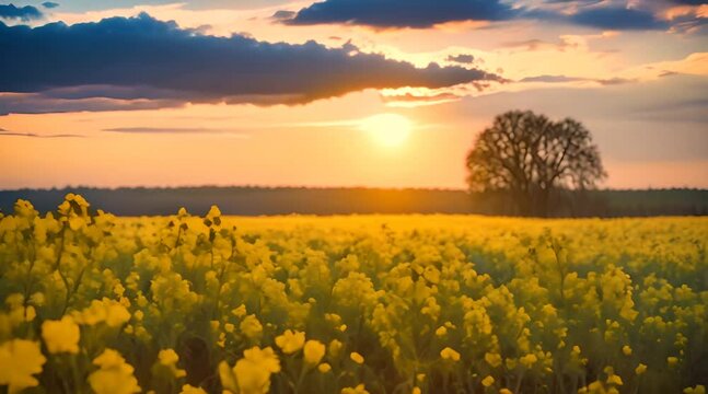 Golden sunset on rapeseed fields and wildflowers, embodying nature's beauty and the vibrant spring ecosystem in a serene slow dance at a national reserve, a captivating scene of the natural world