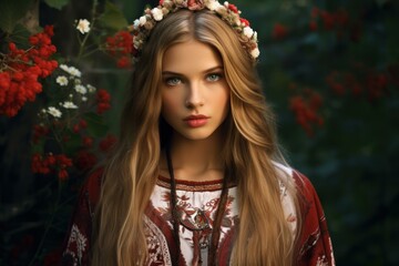Fototapeta premium Traditional Slavic young woman. Trendy female. Generate Ai
