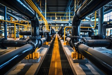 An industrial interior with a complex network of large black pipes and yellow valves - obrazy, fototapety, plakaty