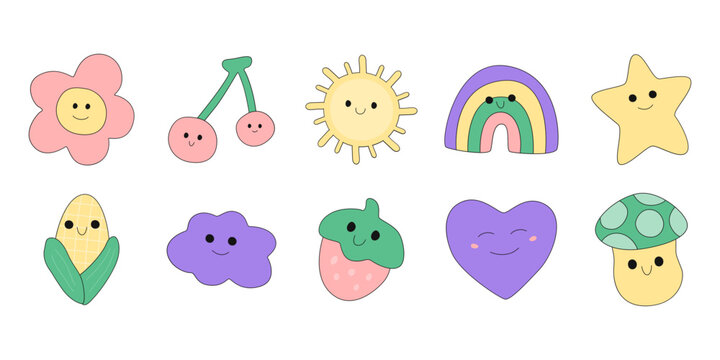 Naklejki Set of cute children sticker with various shape. Rainbow, mushroom, star for children's day decoration. Vector isolated