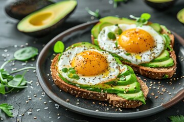 Avocado toast with egg, top view. Healthy breakfast