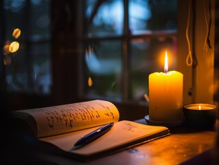 Journaling by candlelight, reflections on gratitude, pen flowing - obrazy, fototapety, plakaty