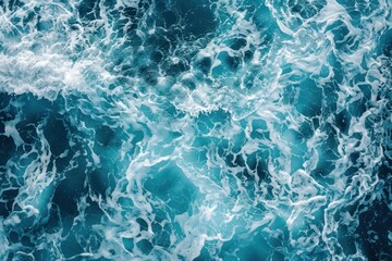 Background of blue sea water with foam and waves - obrazy, fototapety, plakaty