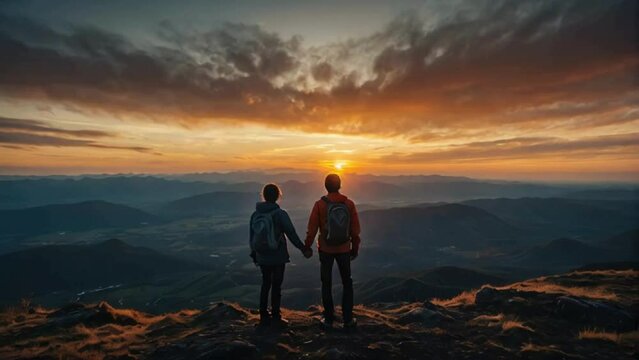 Silhouettes of two persons standing on top of a mountain holding hands and looking out on the beautiful sunset and vast landscape
