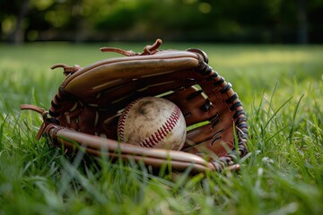 close up view of a baseball ball and glove over grass