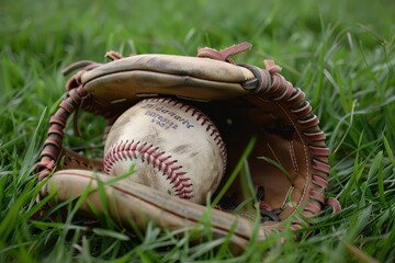 close up view of a baseball ball and glove over grass