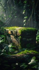 Ancient chest shrouded in moss, nestled in a foggy jungle, in 3D with a moody lighting effect