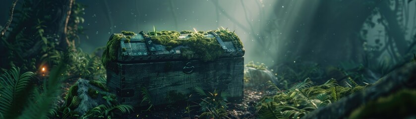 Moody lighting highlights an ancient chest covered in moss, set in a dense misty jungle in 3D - obrazy, fototapety, plakaty