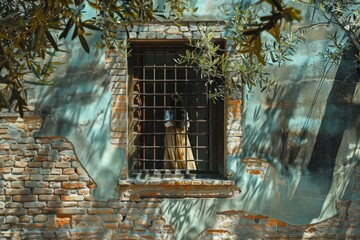 A woman is looking out of a window in a building with a brick wall