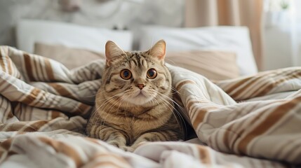 A cute cat of the scottish straight cat breed sits on a bed
