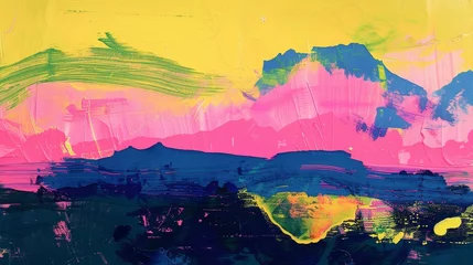 Muurstickers Abstract landscape in acid green, neon pink, and electric blue © ktianngoen0128