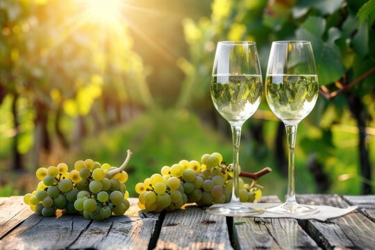 Beautiful empty background of a wooden table or table top with glasses of white wine on a grape plantation
