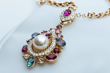 Beautiful necklace with a chain and a pendant with stones and a pearl on a white background